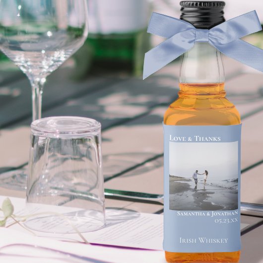 Simple Light Blue Wedding Foto Liebe & Danke Mini Alkoholflaschenetikett