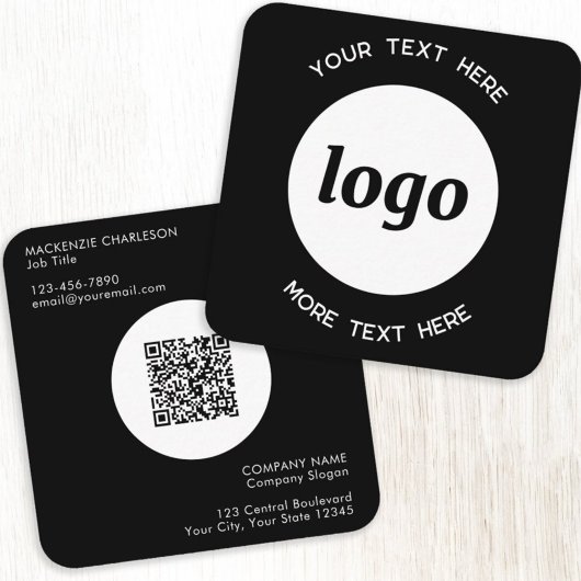 Simple Logo and Text QR Code Black Square Business Quadratische Visitenkarte