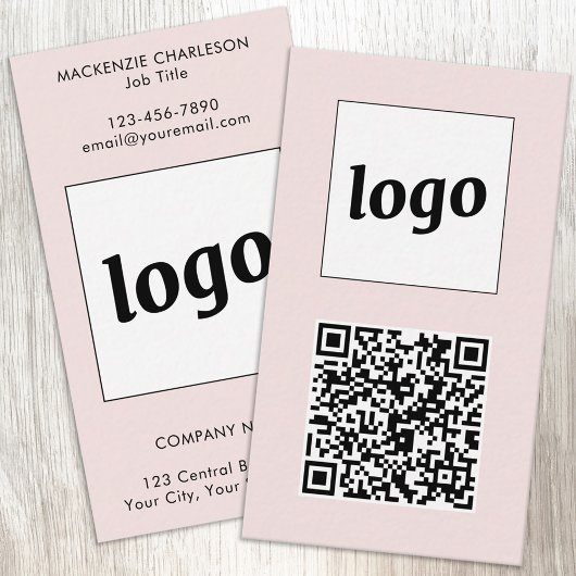 Simple Logo Text QR Code Vertical Blush Pink Visitenkarte
