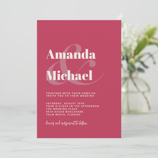 Simple Magenta Moderne Minimalistische Hochzeit Einladung (Stehend Vorderseite)
