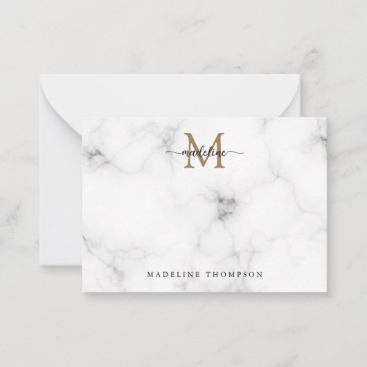 Simple Marble Gold Girly Script Monogram Mitteilungskarte (Vorderseite)