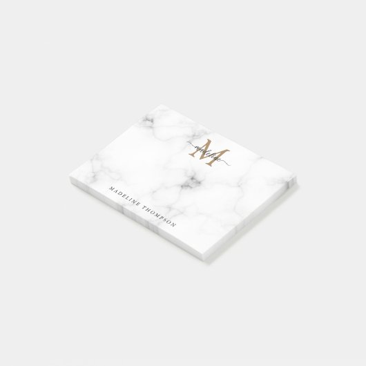 Simple Marble Gold Girly Script Monogram Post-it Klebezettel (angewinkelt)