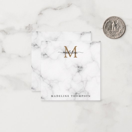 Simple Marble Gold Girly Script Monogram Square Mitteilungskarte (Vorderseite/Rückseite Beispiel)