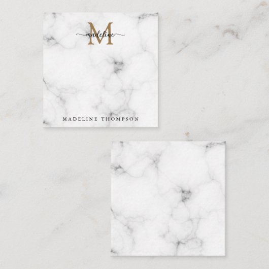 Simple Marble Gold Girly Script Monogram Square Mitteilungskarte (Vorne/Hinten)