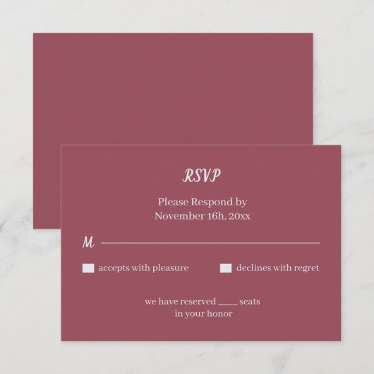 Simple Maroon Custom Wedding RSVP Karte (Vorne/Hinten)