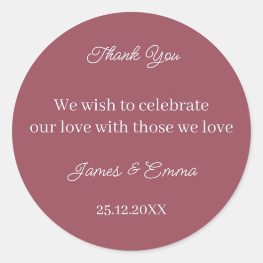 Simple Maroon Personalisiert Wedding Runder Aufkleber (Vorderseite)