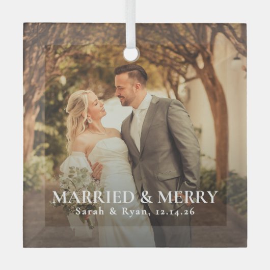 Simple Married & Merry Newlywed Photo, Christmas Ornament Aus Glas (Vorderseite)