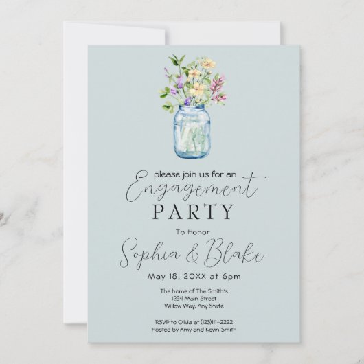 Simple Mason Jar Bouquet Blue Engagement Party Einladung (Vorderseite)