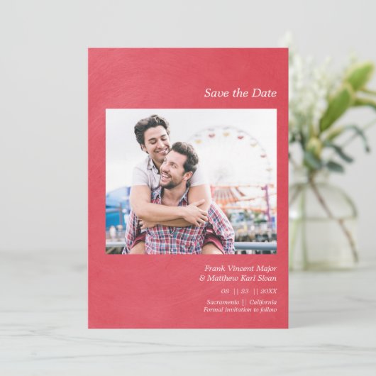 Simple Metallic Effect Engaged Gay Couple Photo Save The Date (Stehend Vorderseite)