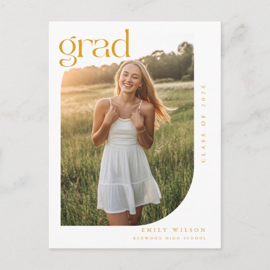 Simple Minimal Arch Photo Gold Script Graduation Postkarte (Vorderseite)