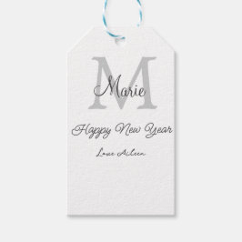simple minimal happy new year monogram gray name  geschenkanhänger