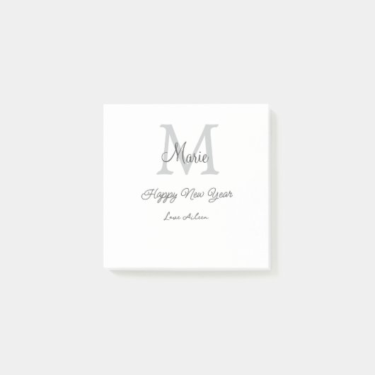 simple minimal happy new year monogram gray name post-it klebezettel (Vorderseite)