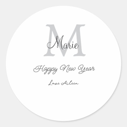 simple minimal happy new year monogram gray name runder aufkleber (Vorderseite)