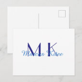 simple minimal monogram personalized name blue ret postkarte (Vorne/Hinten)