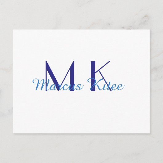 simple minimal monogram personalized name blue ret postkarte (Vorderseite)