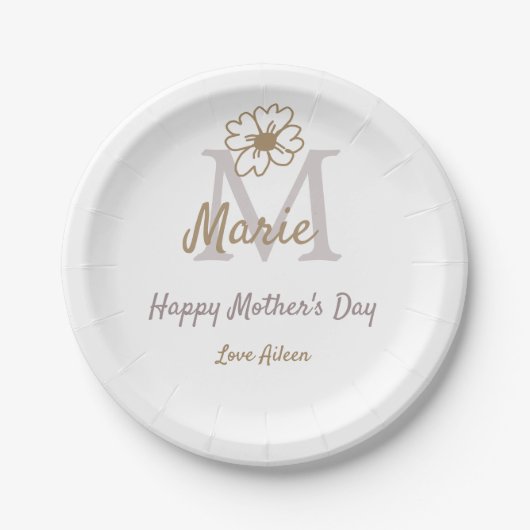 simple minimal mother's day monogram golden gray f pappteller (Vorderseite)