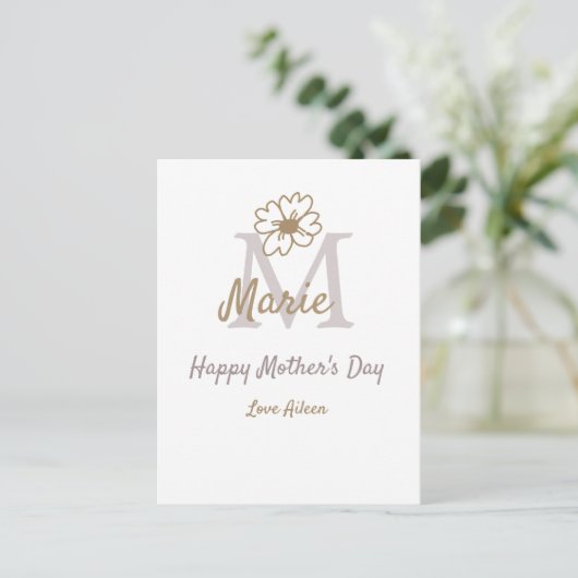 simple minimal mother's day monogram golden gray f postkarte (Stehend Vorderseite)