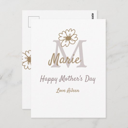 simple minimal mother's day monogram golden gray f postkarte (Vorne/Hinten)