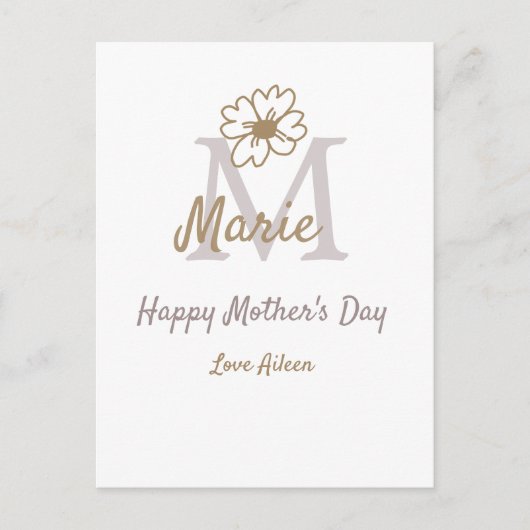 simple minimal mother's day monogram golden gray f postkarte (Vorderseite)