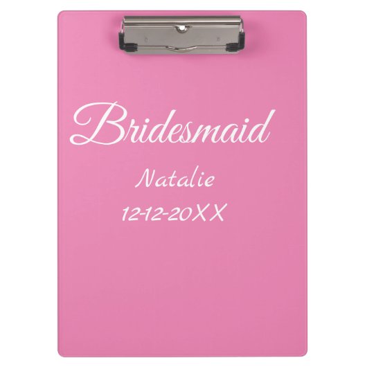 Simple minimal pink bridesmaid add name year text klemmbrett (Vorderseite)
