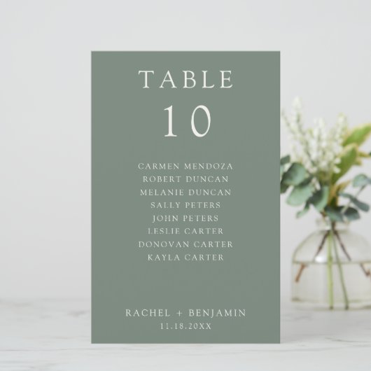 Simple Minimal Sage Green Wedding Seating Chart (Stehend Vorderseite)