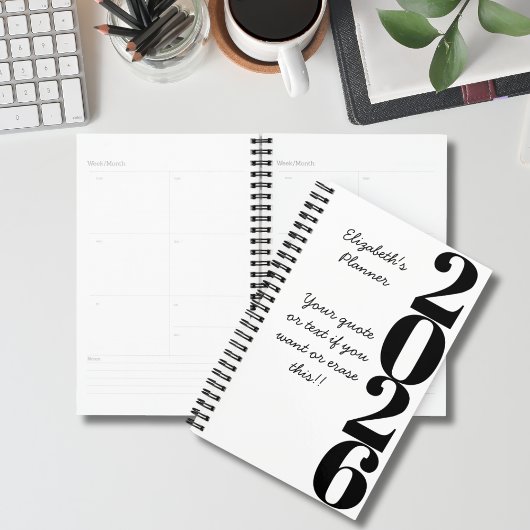 Simple Minimalist Black and White Name and Year  Planer