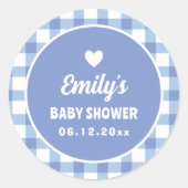 Simple Minimalist Blue Gingham Boy Baby Shower Runder Aufkleber (Vorderseite)
