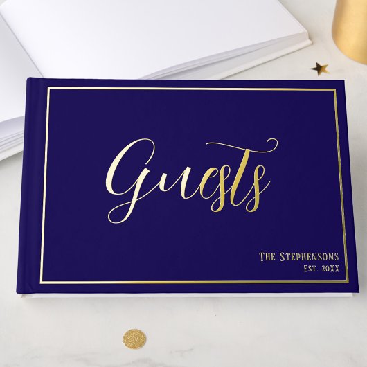 Simple Minimalist Navy Blue Formal Gold Gästebuch