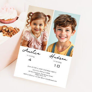 Simple Minimalist Siblings Birthday Party Photo Einladung