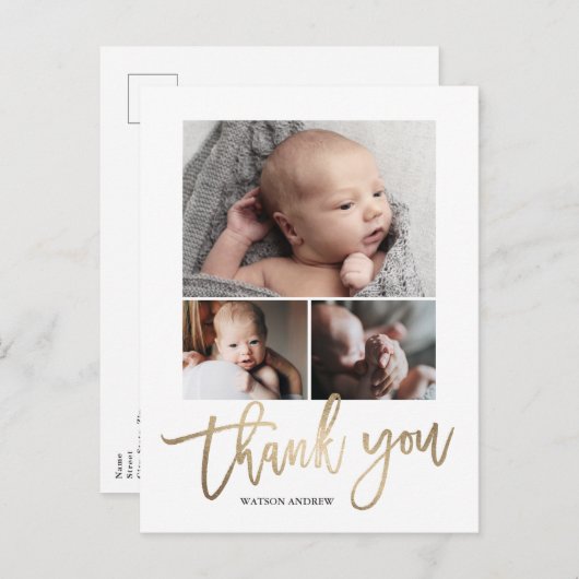 Simple Modern 3 Foto Collage Baby Foto Vielen Dank Postkarte (Vorne/Hinten)