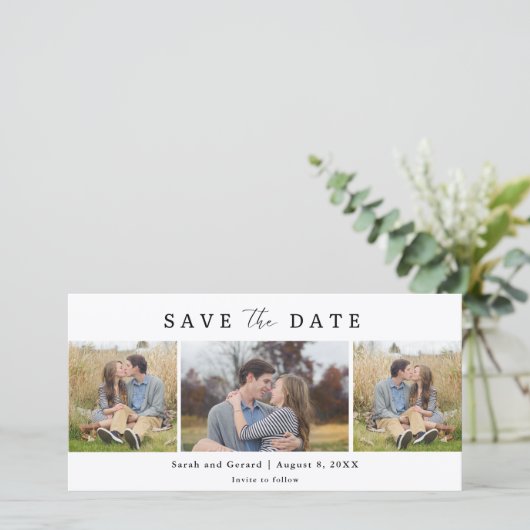 Simple Modern 3 Photo Wedding Save the Date (Stehend Vorderseite)