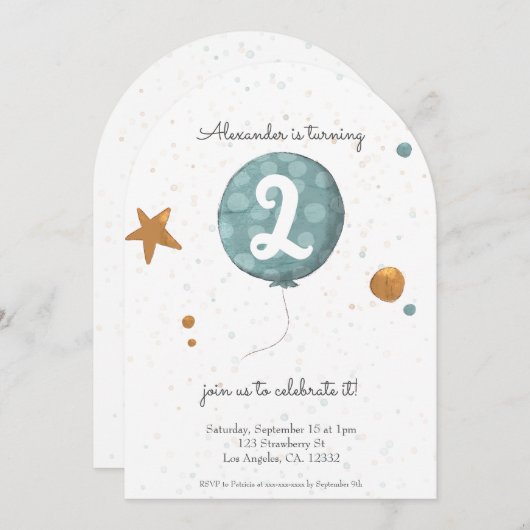 Simple Modern Blue Balloon 2nd Birthday Arch Einladung (Vorne/Hinten)