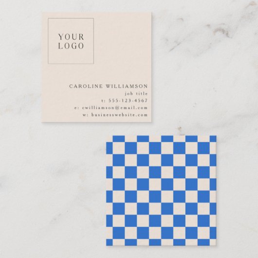 Simple Modern Blue Checkerboard Your Logo Custom Quadratische Visitenkarte (Vorne/Hinten)
