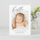 Simple Modern Calligraphy Hello Baby Foto Birth Ankündigung (Stehend Vorderseite)