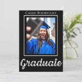 Simple Modern Calligraphy Photo Graduation Black Einladung (Stehend Vorderseite)