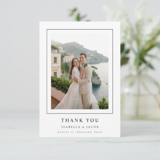 Simple Modern Elegant Destination Wedding Photo Dankeskarte (Stehend Vorderseite)