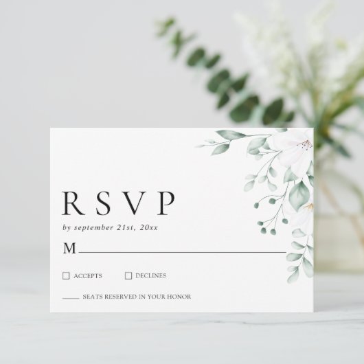 Simple Modern Eucalyptus Greenery Wedding RSVP (Stehend Vorderseite)
