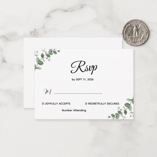 Simple Modern Eucalyptus Greenery Wedding RSVP Car Mitteilungskarte (Vorderseite/Rückseite Beispiel)