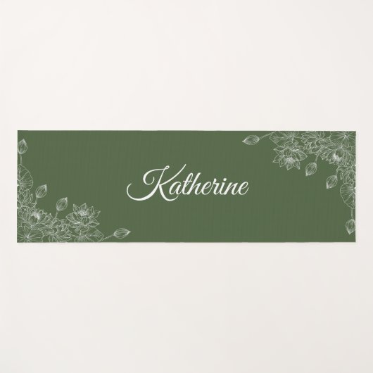 Simple Modern Floral Script Name Olive Green Lotus Yogamatte (Vorderseite (Horizontal))