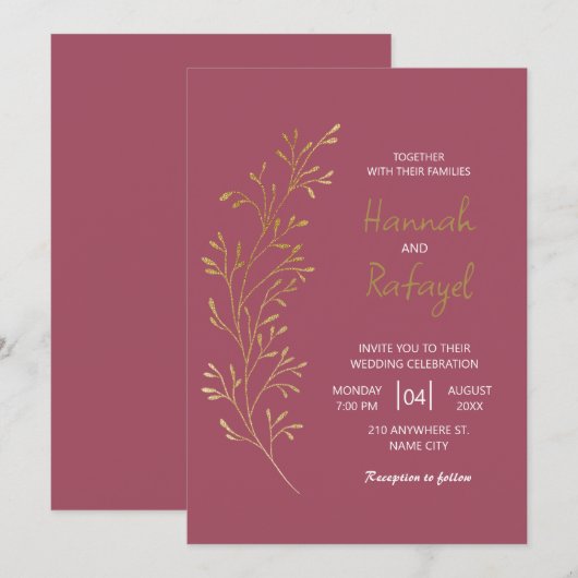 Simple Modern Gold Leaf Rose Wedding Einladung (Vorne/Hinten)