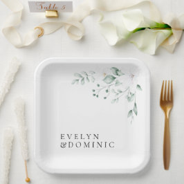 Simple Modern Greenery Foliage Wedding Party Pappteller