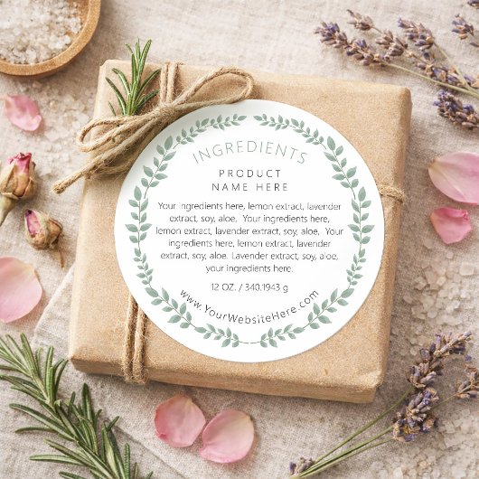 Simple Modern Greenery Wreath Ingredients Label Runder Aufkleber