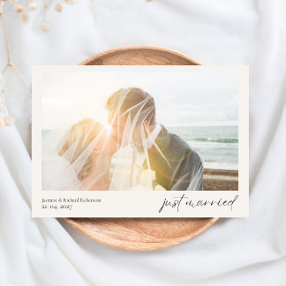 Simple Modern Heart Just Married Wedding Photo Dankeskarte