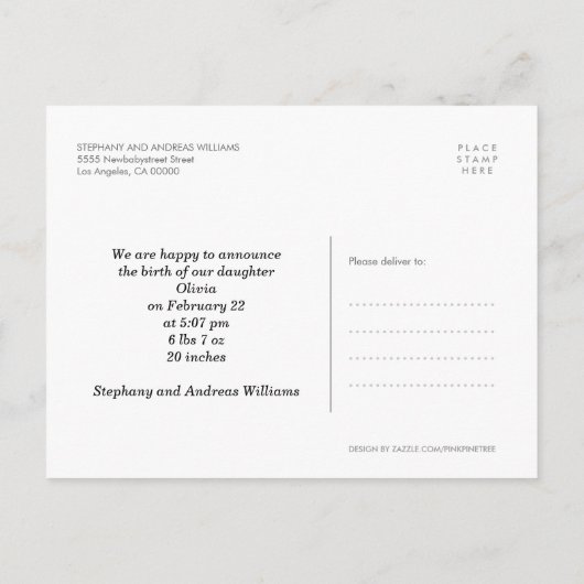 Simple Modern Hello Baby Birth Foto Postcard Ankündigungspostkarte (Rückseite)