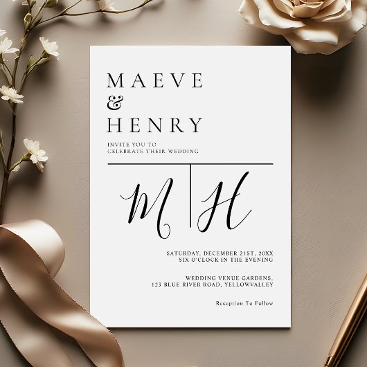 Simple Modern Line Monogram Wedding Einladung