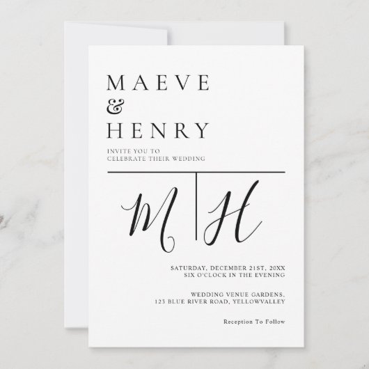 Simple Modern Line Monogram Wedding Einladung (Vorderseite)