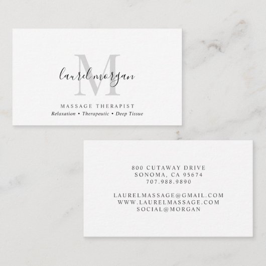 Simple Modern Massage Therapist Script Monogram Visitenkarte (Vorne/Hinten)