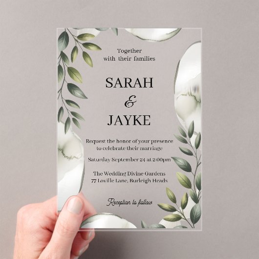 Simple Modern Minimal Green Leaf Wedding Acrylic Acryleinladungen (Insitu (Handheld))