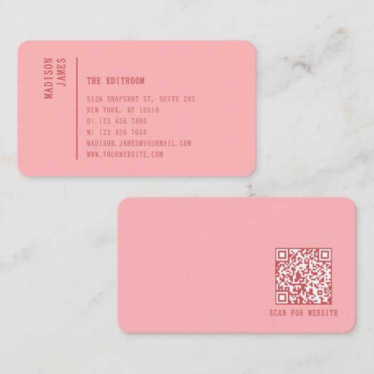 Simple Modern Minimal Pink QR Code Visitenkarte (Vorne/Hinten)
