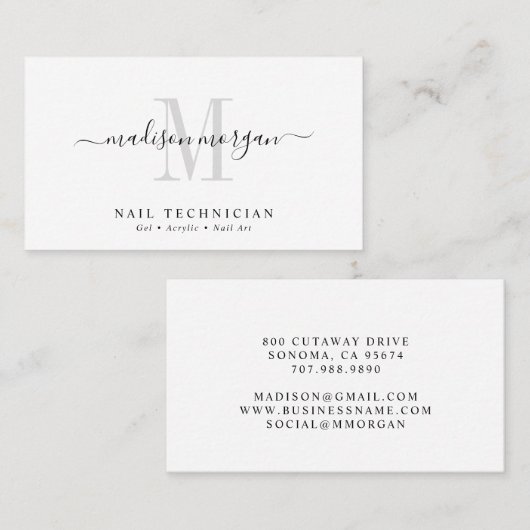 Simple Modern Nail Technician Script Monogram Visitenkarte (Vorne/Hinten)